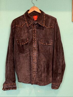 NDX Men's Dark Brown 100% Leather Suede Western Shirt. XL.